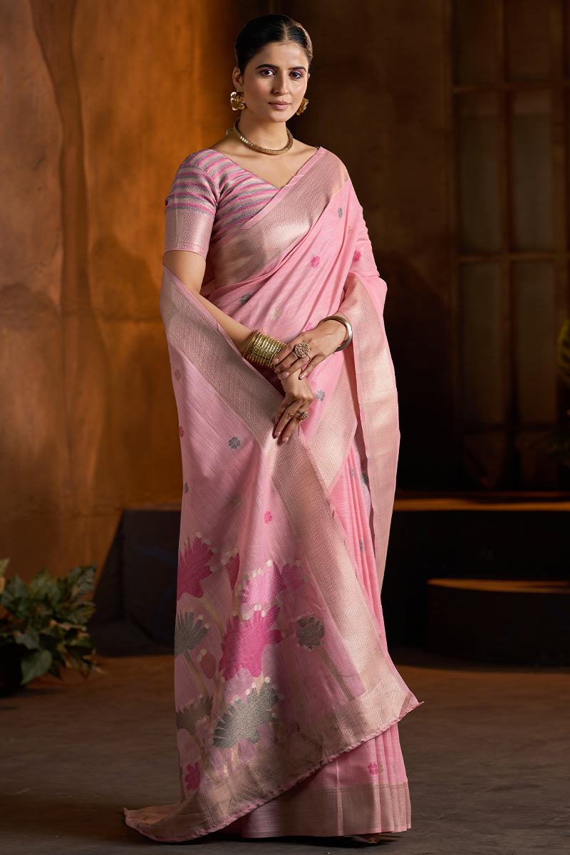 Skinny Baby Pink Cotton Silk Saree With Impressive Blouse Piece