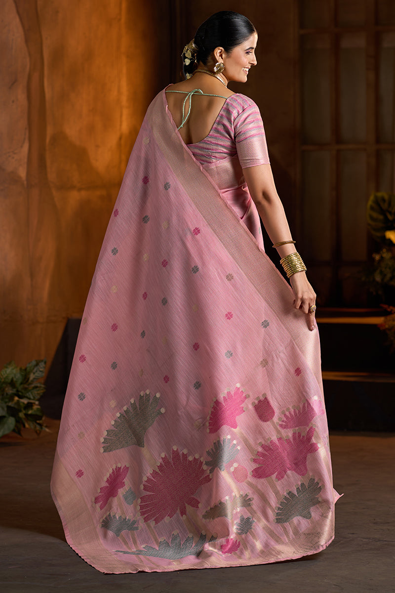 Skinny Baby Pink Cotton Silk Saree With Impressive Blouse Piece
