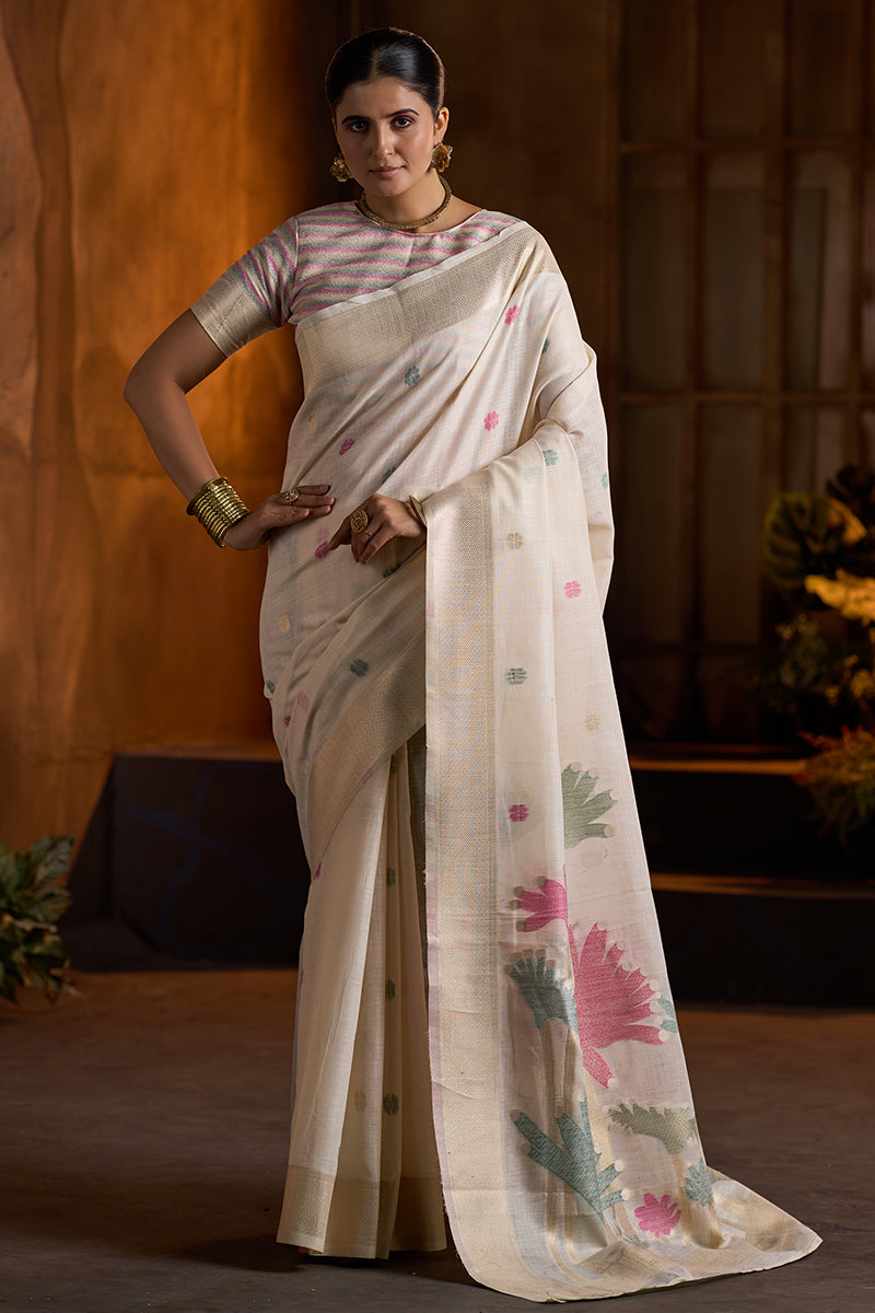 Beauteous Beige Cotton Silk Saree With Transcendent Blouse Piece