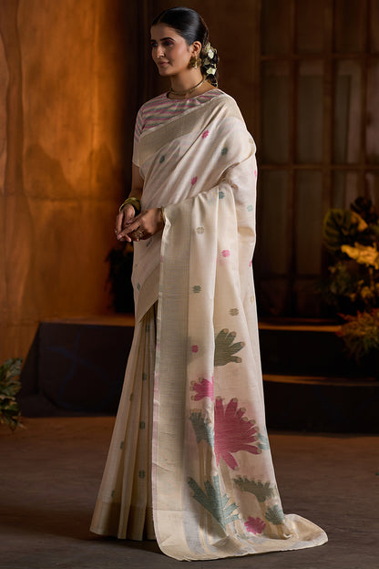 Beauteous Beige Cotton Silk Saree With Transcendent Blouse Piece