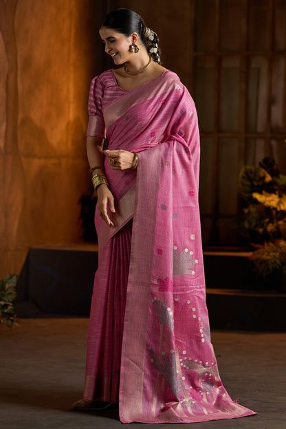 Amazing Dark Pink Cotton Silk Saree With Elaborate Blouse Piece