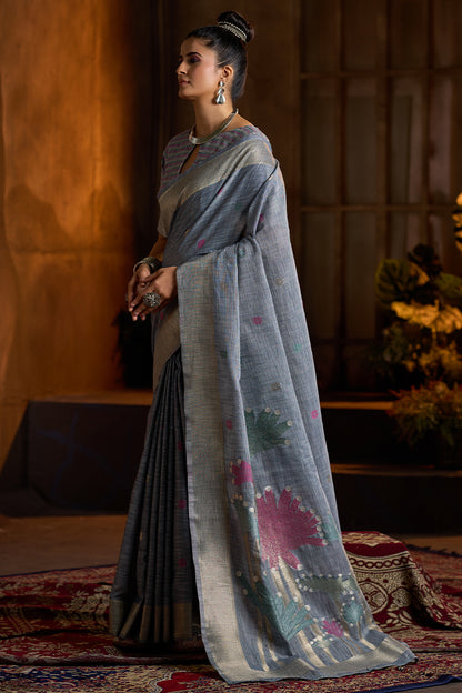 Aplomb Grey Cotton Silk Saree With Devastating Blouse Piece