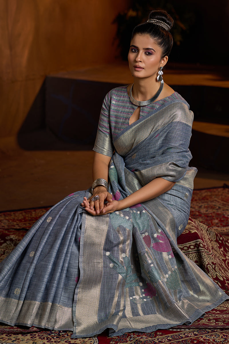 Aplomb Grey Cotton Silk Saree With Devastating Blouse Piece