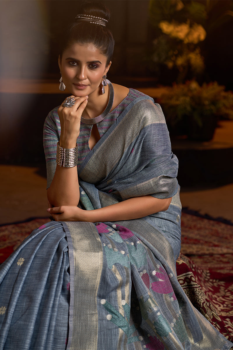 Aplomb Grey Cotton Silk Saree With Devastating Blouse Piece