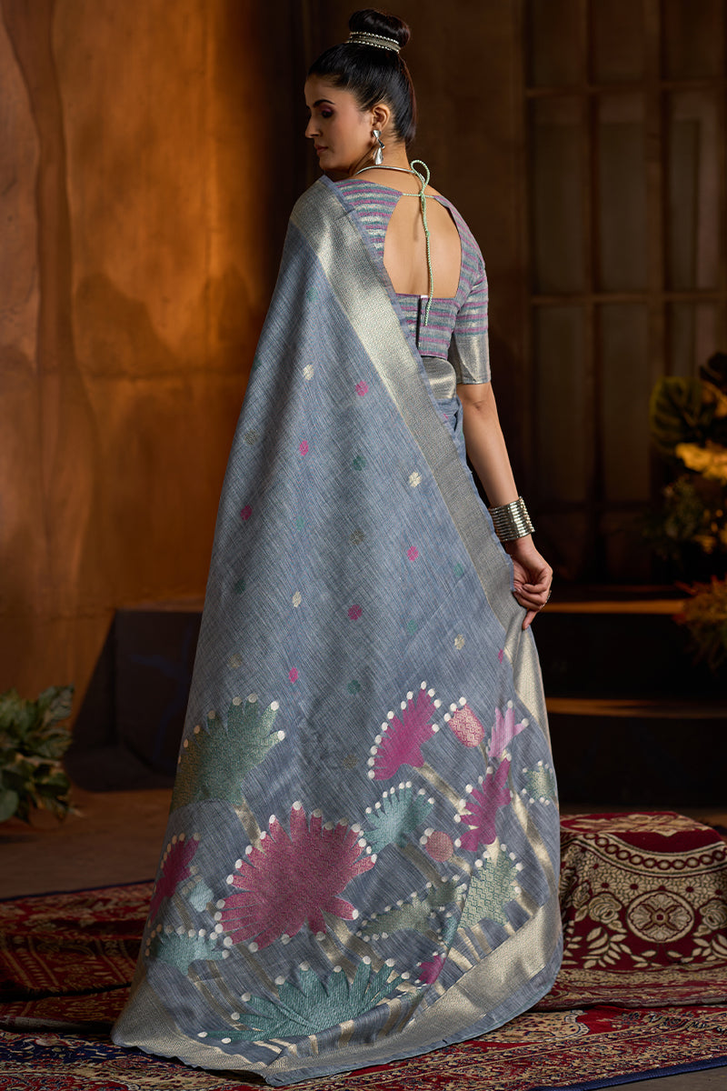 Aplomb Grey Cotton Silk Saree With Devastating Blouse Piece