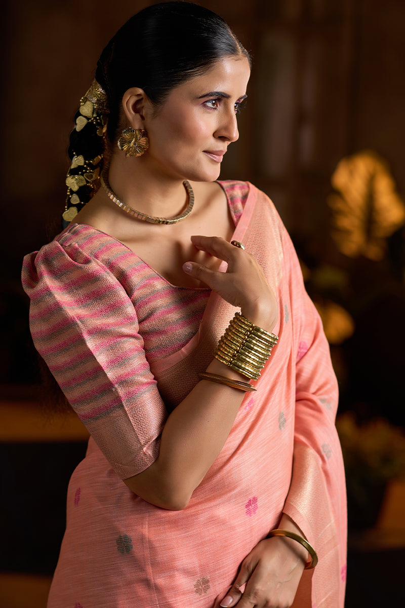 Admirable Peach Cotton Silk Saree With Beguiling Blouse Piece