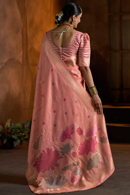 Admirable Peach Cotton Silk Saree With Beguiling Blouse Piece
