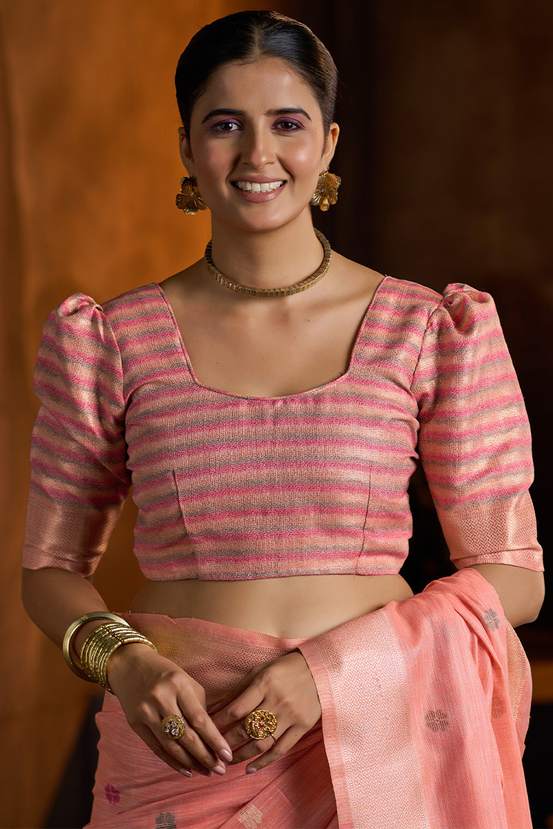 Admirable Peach Cotton Silk Saree With Beguiling Blouse Piece