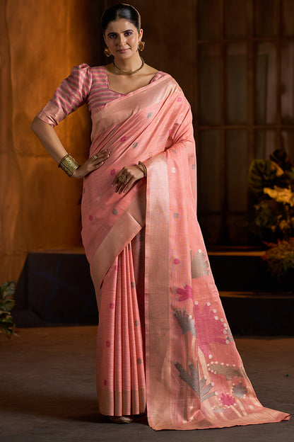 Admirable Peach Cotton Silk Saree With Beguiling Blouse Piece
