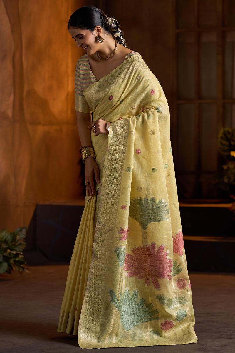 Bucolic Yellow Cotton Silk Saree With Twirling Blouse Piece
