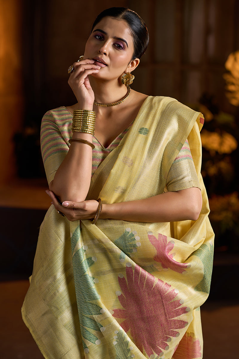 Bucolic Yellow Cotton Silk Saree With Twirling Blouse Piece
