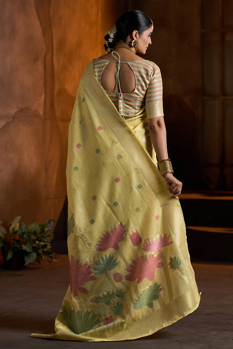 Bucolic Yellow Cotton Silk Saree With Twirling Blouse Piece
