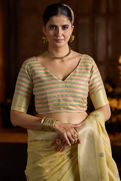 Bucolic Yellow Cotton Silk Saree With Twirling Blouse Piece