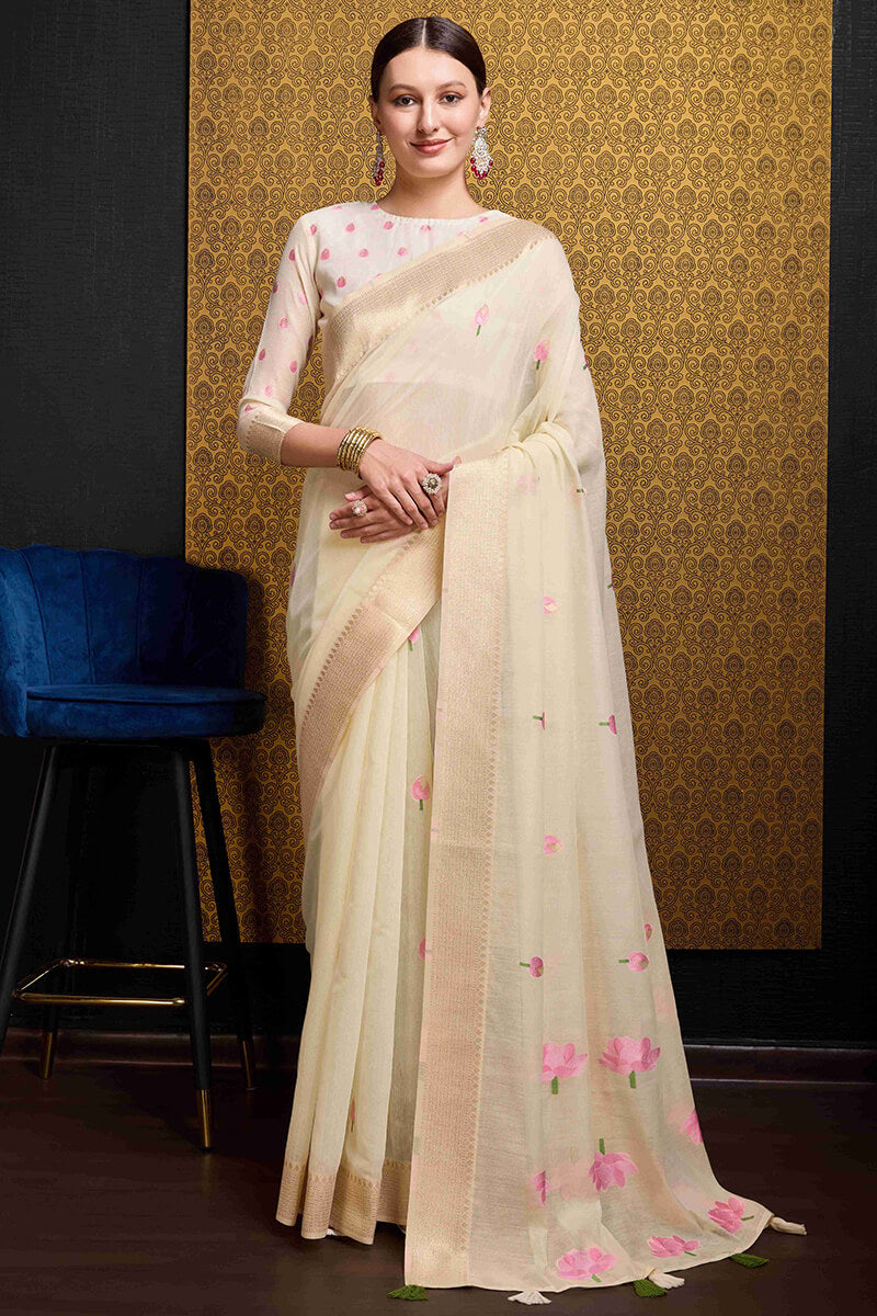 Snappy Beige Cotton Silk Saree With Lovely Blouse Piece