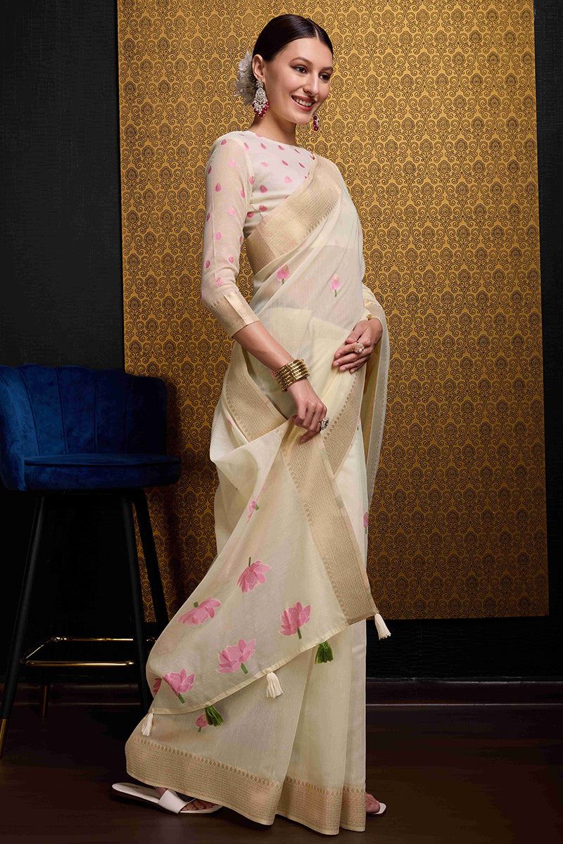 Snappy Beige Cotton Silk Saree With Lovely Blouse Piece