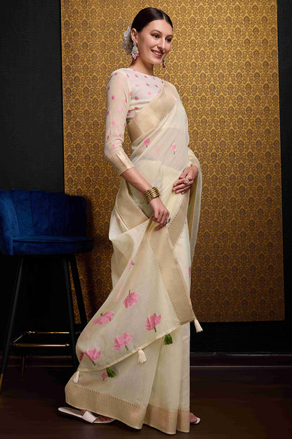 Snappy Beige Cotton Silk Saree With Lovely Blouse Piece
