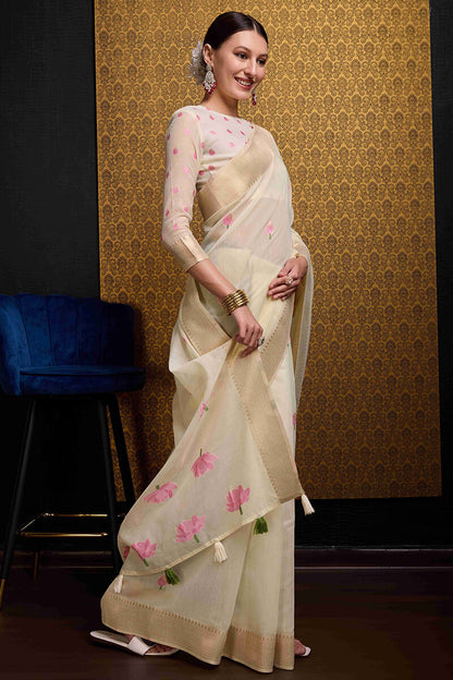Snappy Beige Cotton Silk Saree With Lovely Blouse Piece