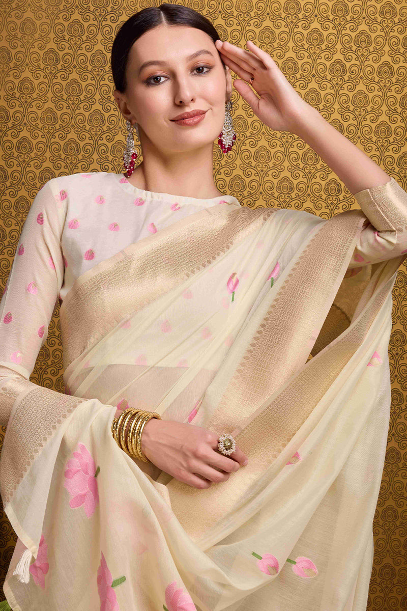 Snappy Beige Cotton Silk Saree With Lovely Blouse Piece
