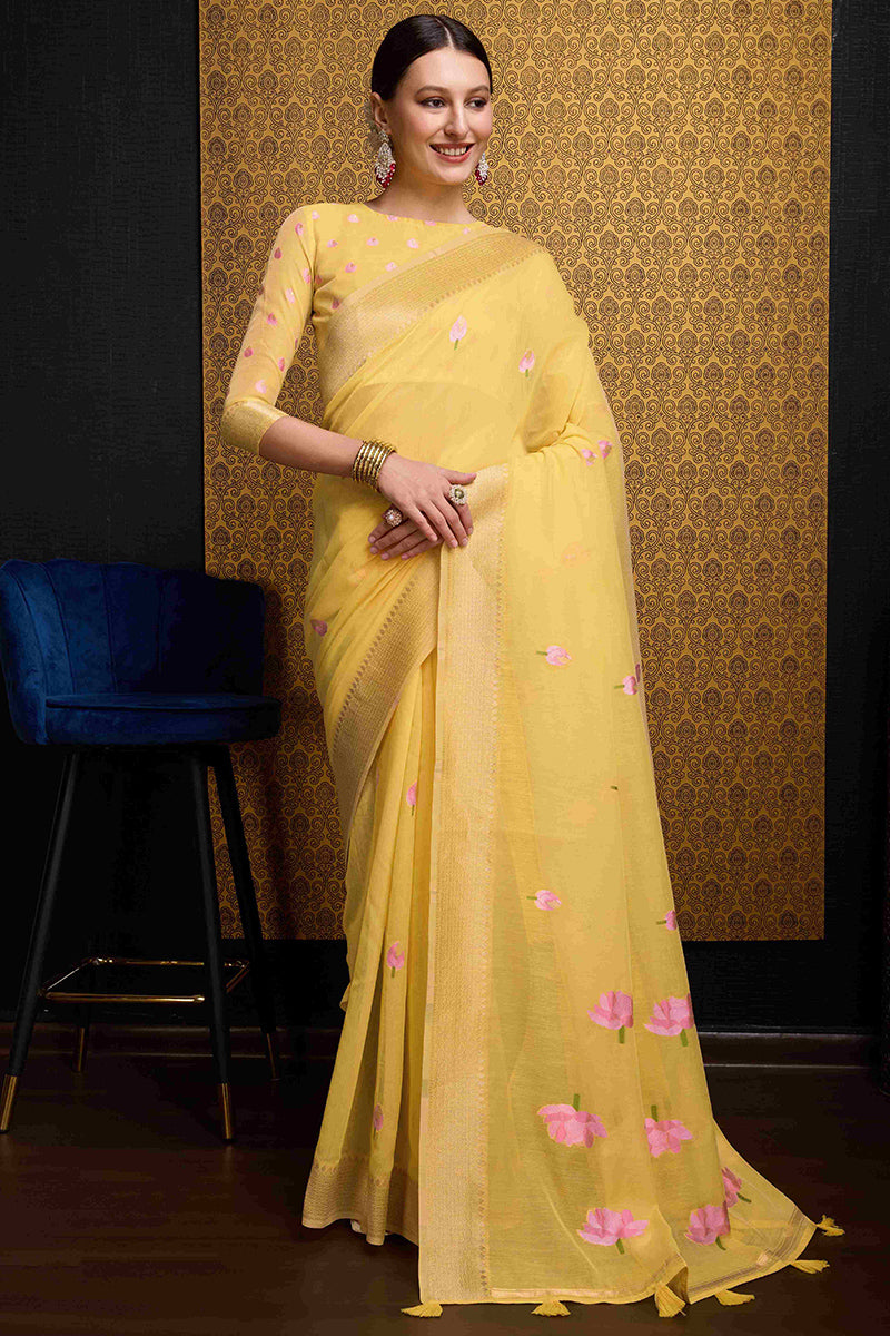 Elegant Yellow Cotton Silk Saree With Mesmeric Blouse Piece