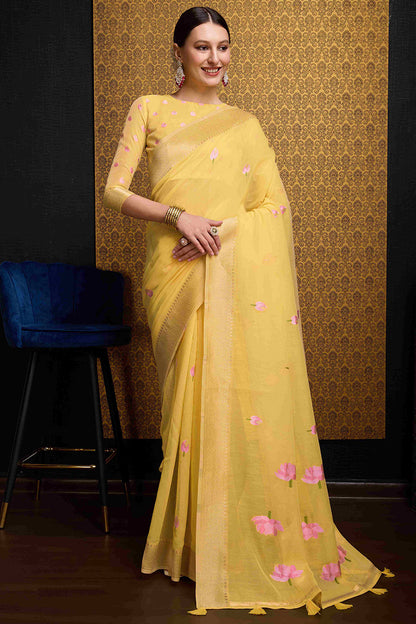 Elegant Yellow Cotton Silk Saree With Mesmeric Blouse Piece