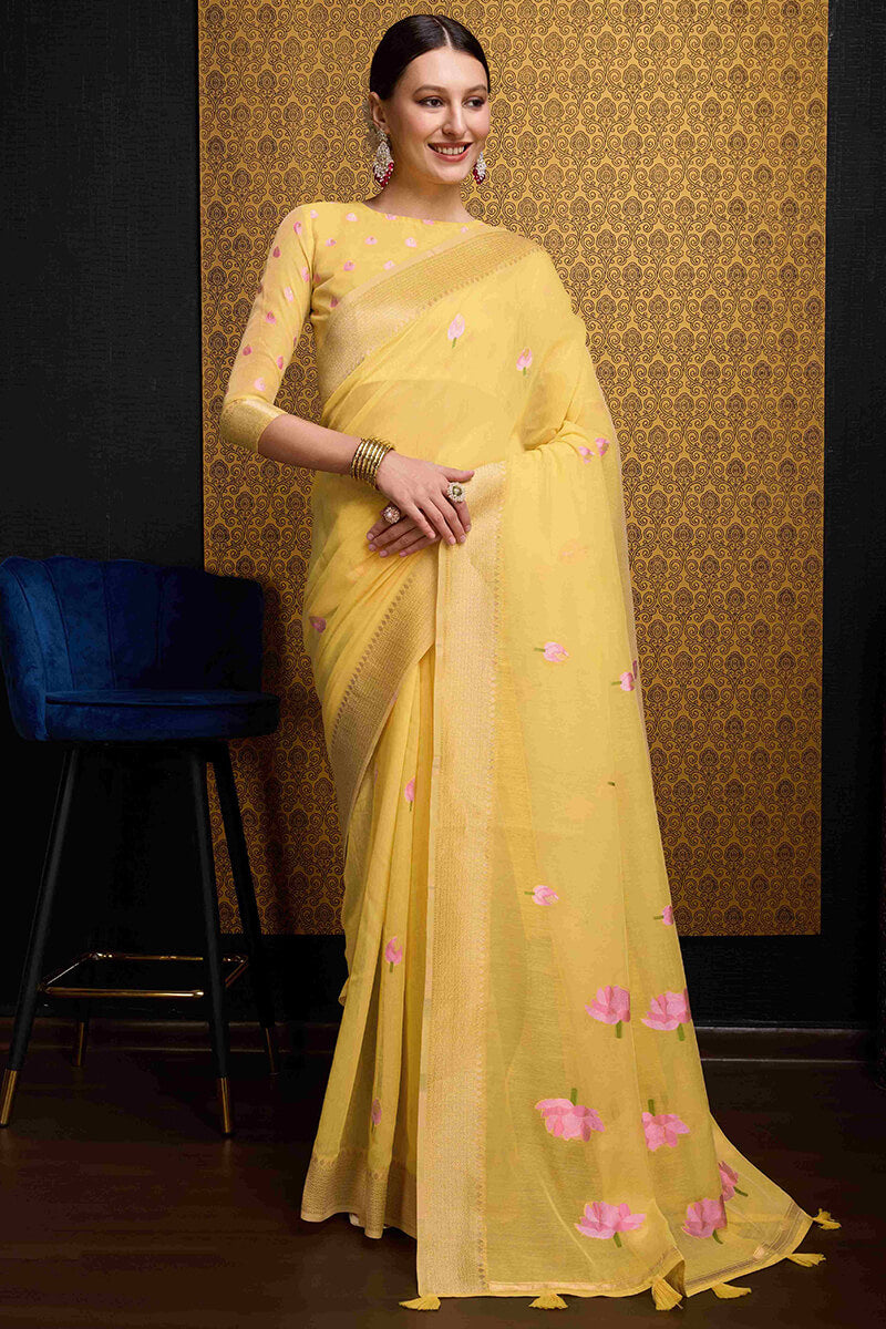 Elegant Yellow Cotton Silk Saree With Mesmeric Blouse Piece