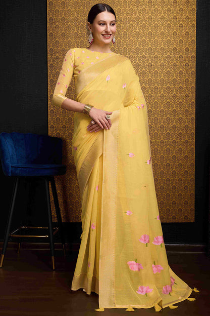 Elegant Yellow Cotton Silk Saree With Mesmeric Blouse Piece