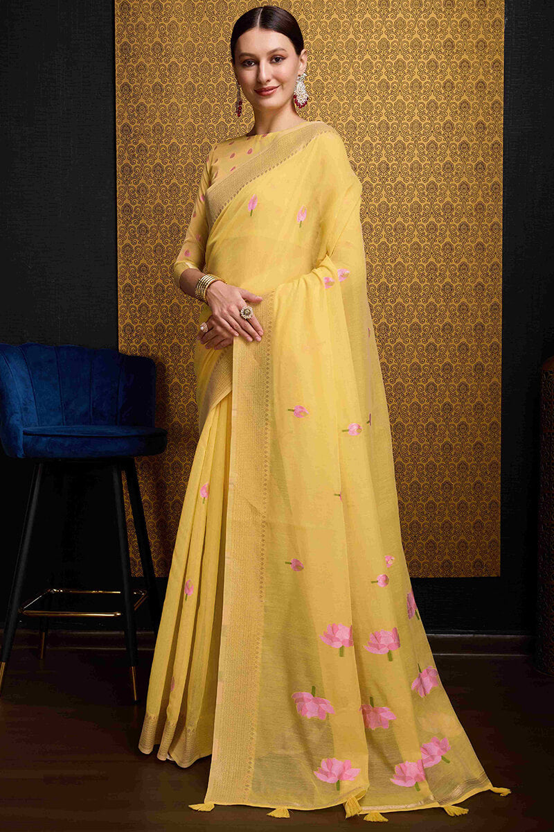 Elegant Yellow Cotton Silk Saree With Mesmeric Blouse Piece