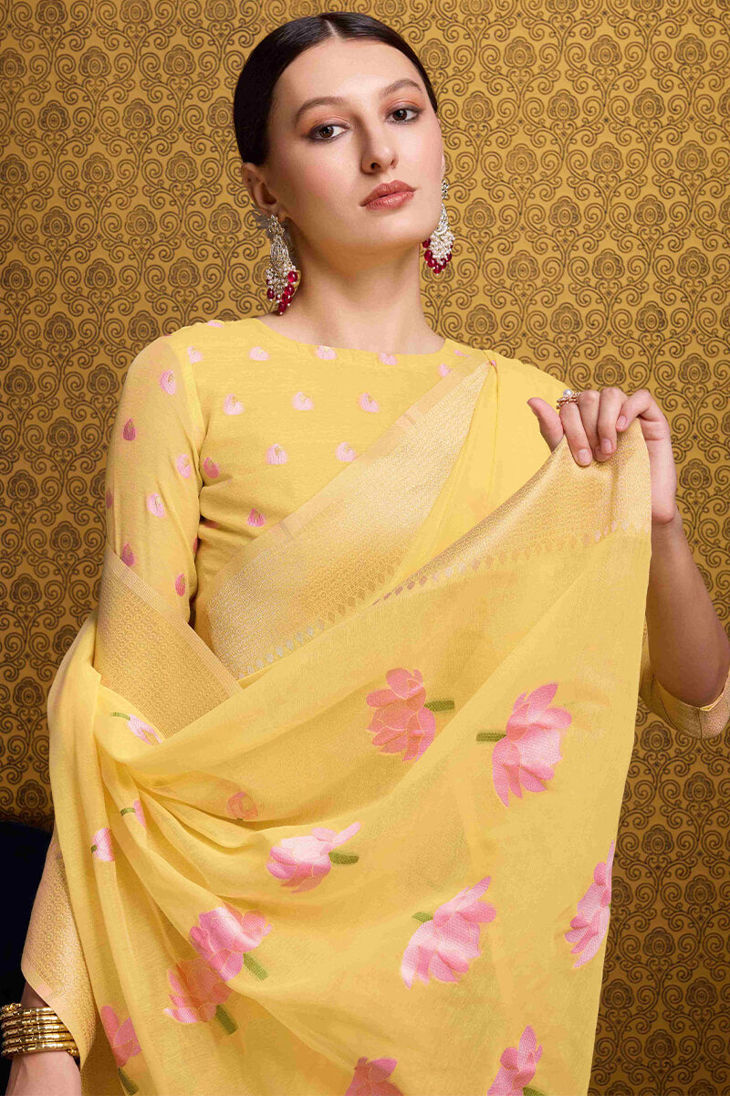 Elegant Yellow Cotton Silk Saree With Mesmeric Blouse Piece