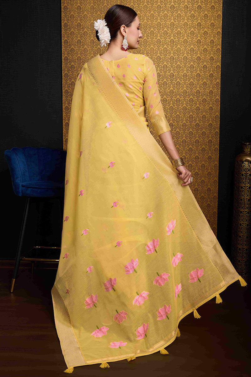 Elegant Yellow Cotton Silk Saree With Mesmeric Blouse Piece