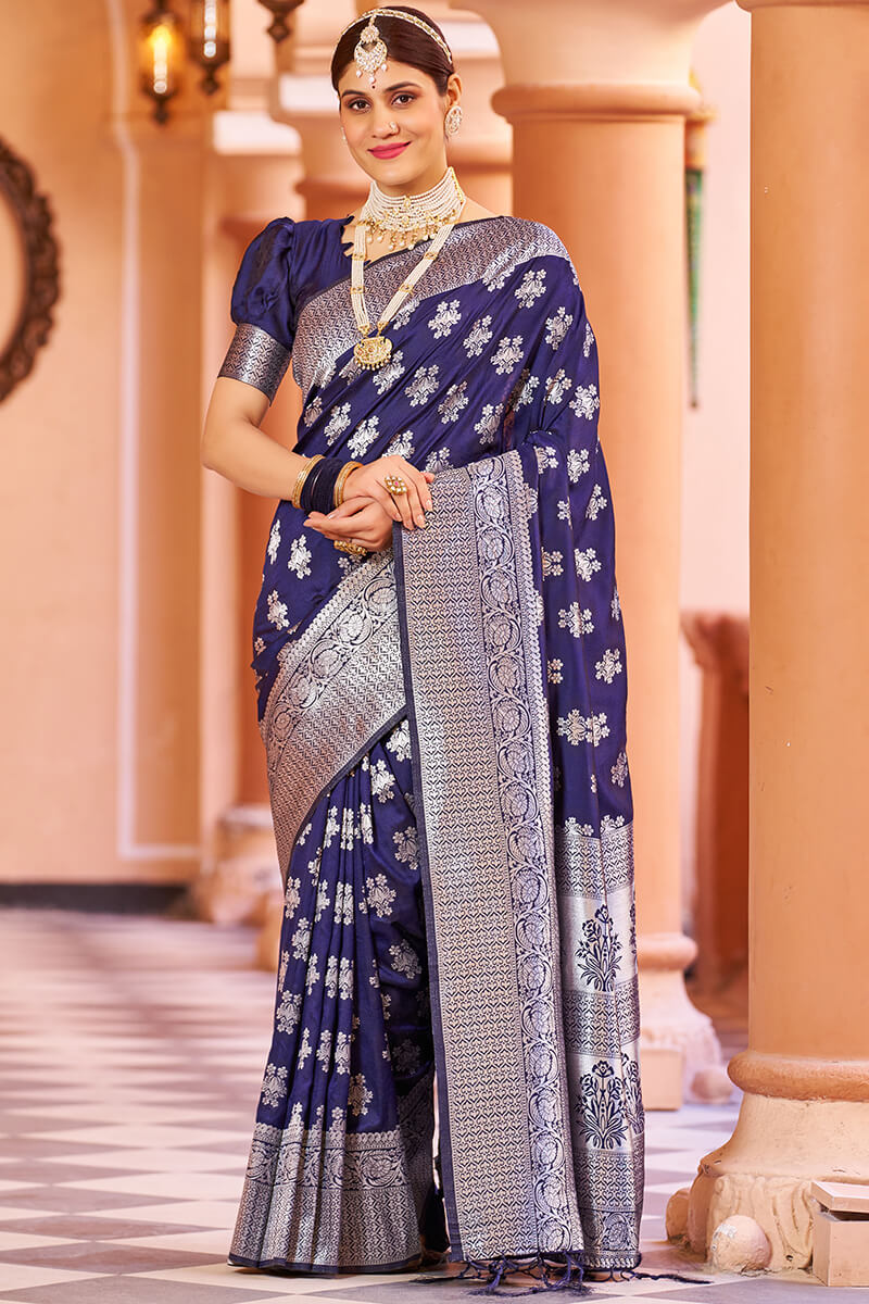 Fragrant Navy Blue Banarasi Silk Saree with Improbable Blouse Piece