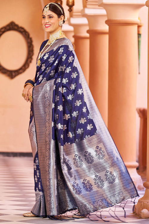 Load image into Gallery viewer, Fragrant Navy Blue Banarasi Silk Saree with Improbable Blouse Piece
