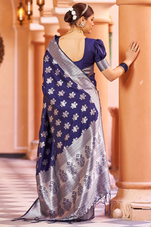 Load image into Gallery viewer, Fragrant Navy Blue Banarasi Silk Saree with Improbable Blouse Piece
