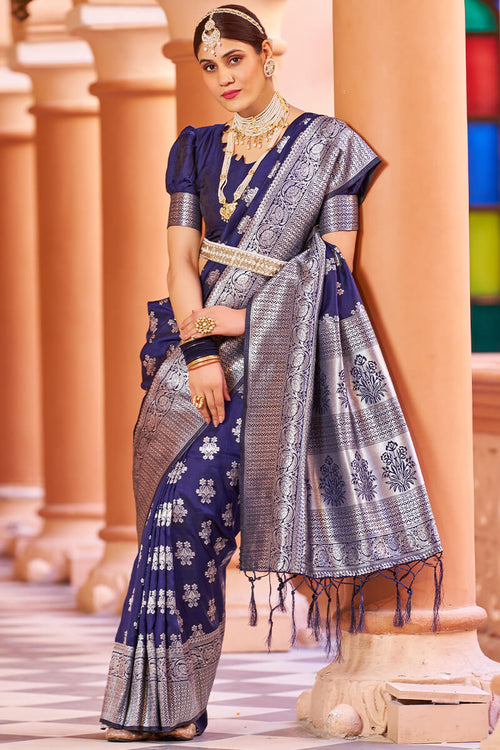 Load image into Gallery viewer, Fragrant Navy Blue Banarasi Silk Saree with Improbable Blouse Piece
