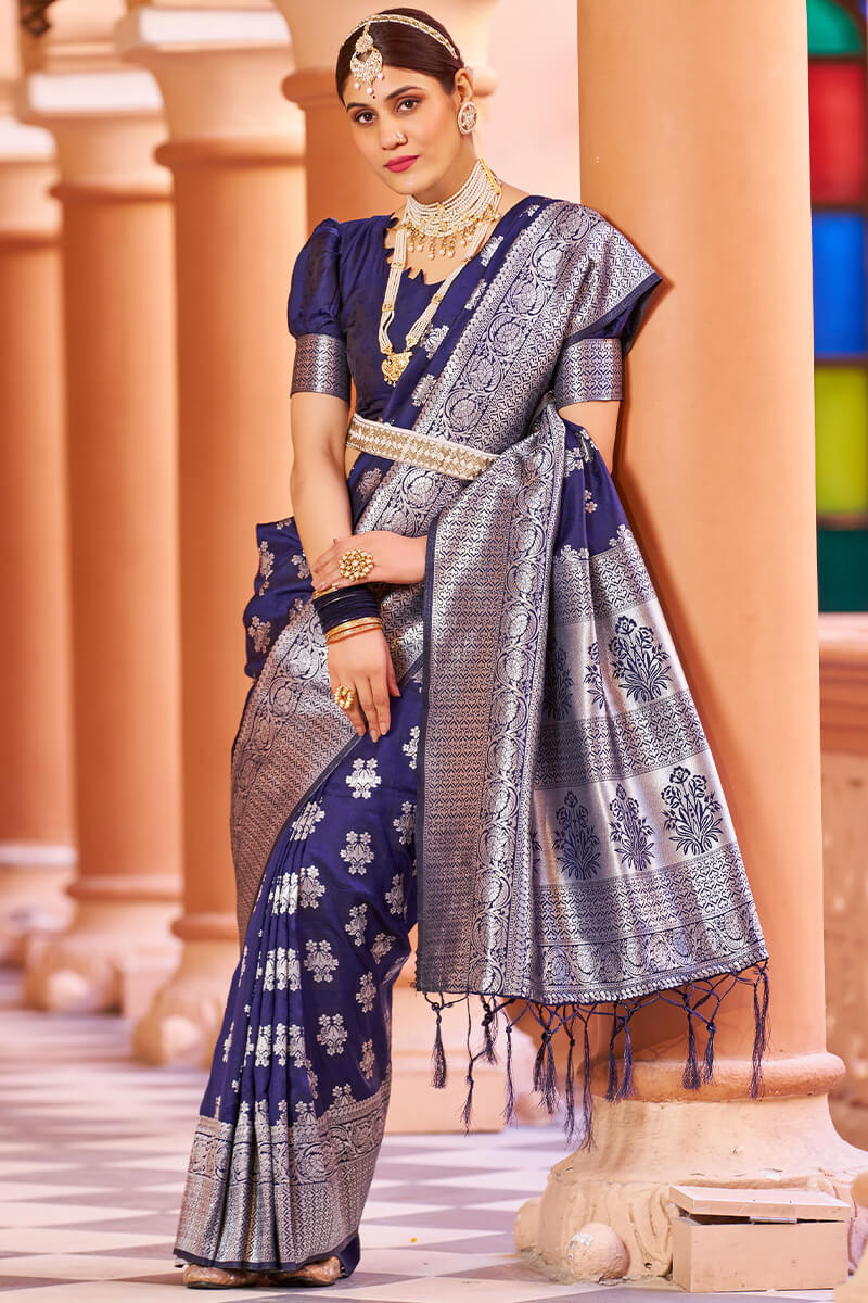 Fragrant Navy Blue Banarasi Silk Saree with Improbable Blouse Piece