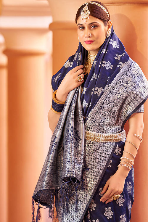 Load image into Gallery viewer, Fragrant Navy Blue Banarasi Silk Saree with Improbable Blouse Piece
