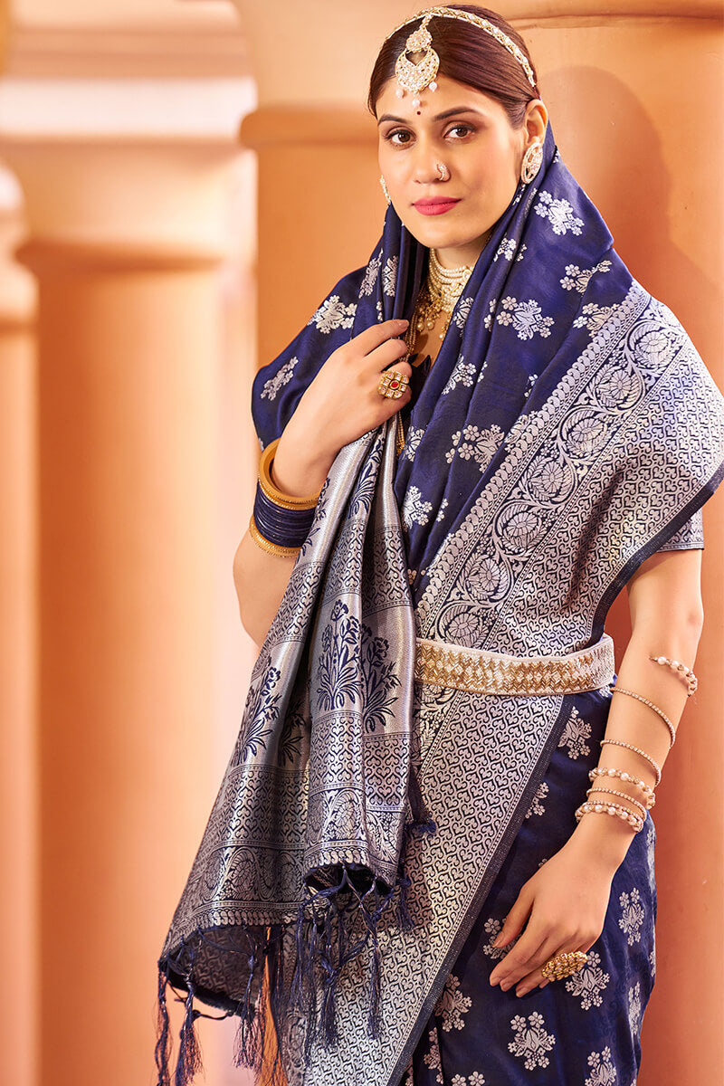 Fragrant Navy Blue Banarasi Silk Saree with Improbable Blouse Piece