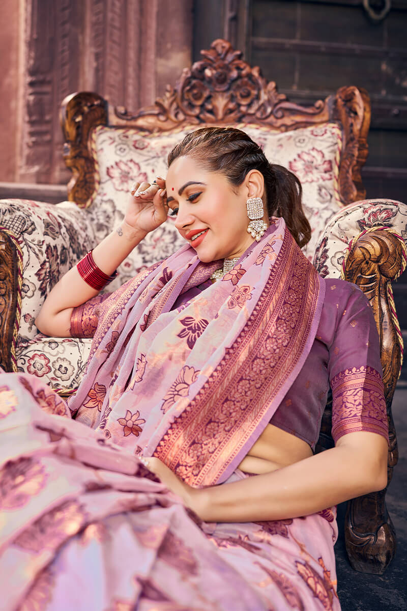 Demesne Lavender Organza Silk Saree With Lassitude Blouse Piece