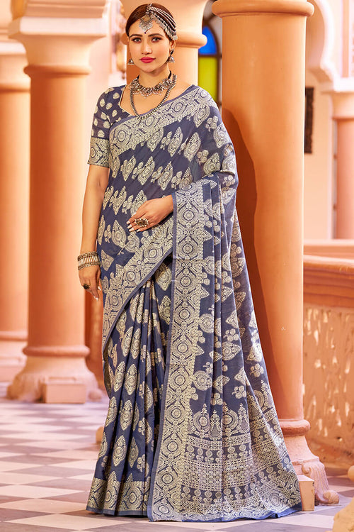 Load image into Gallery viewer, Fancifull Navy Blue Lucknowi work Silk Saree With Demanding Blouse Piece
