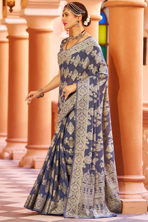 Load image into Gallery viewer, Fancifull Navy Blue Lucknowi work Silk Saree With Demanding Blouse Piece
