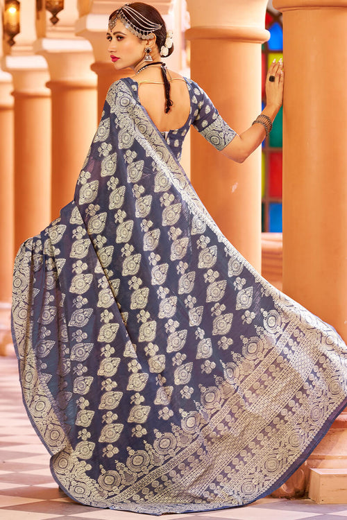 Load image into Gallery viewer, Fancifull Navy Blue Lucknowi work Silk Saree With Demanding Blouse Piece
