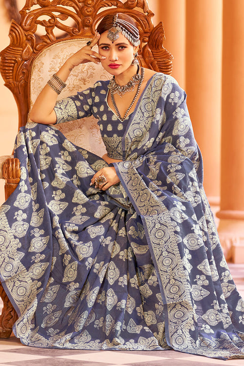 Load image into Gallery viewer, Fancifull Navy Blue Lucknowi work Silk Saree With Demanding Blouse Piece
