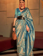 Flattering Turquoise Kanjivaram Silk Saree With Pretty Blouse Piece