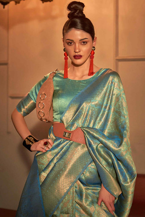 Load image into Gallery viewer, Designer Rama Kanjivaram Silk Saree With Hypnotic Blouse Piece
