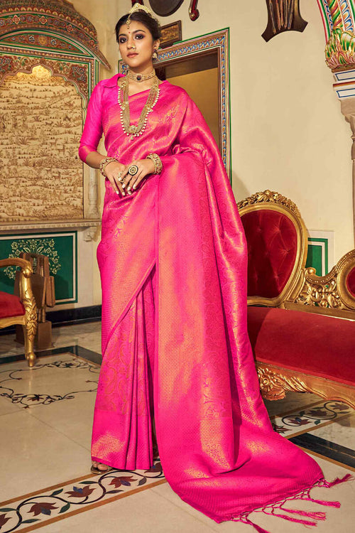 Load image into Gallery viewer, Embrocation Dark Pink Kanjivaram Silk Saree With Moiety Blouse Piece
