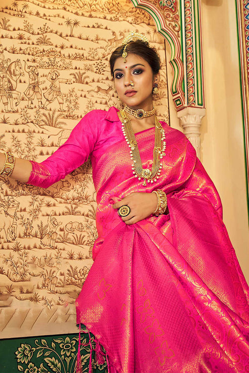 Load image into Gallery viewer, Embrocation Dark Pink Kanjivaram Silk Saree With Moiety Blouse Piece
