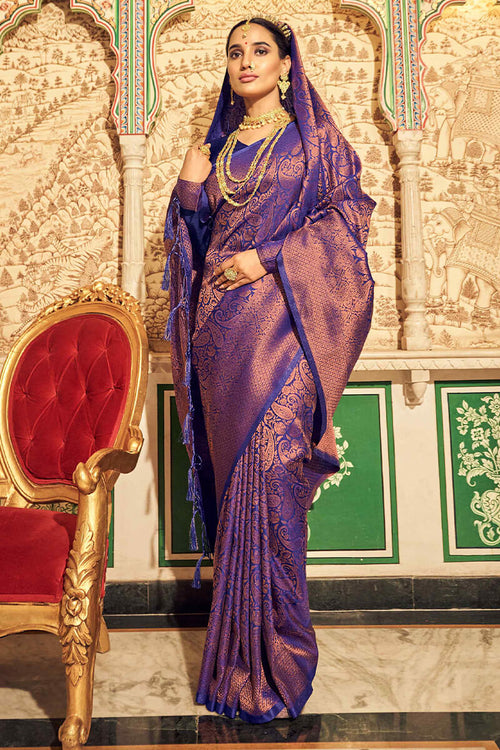 Royal Blue Copper Banarasi Beautiful Zari Work In Form Of Traditional  Motifs Soft Silk Saree