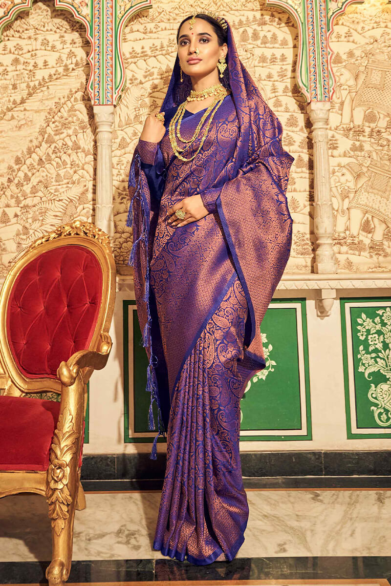 Unequalled Royal Blue Kanjivaram Silk Saree With Incomparable Blouse Piece