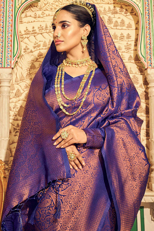 Load image into Gallery viewer, Unequalled Royal Blue Kanjivaram Silk Saree With Incomparable Blouse Piece
