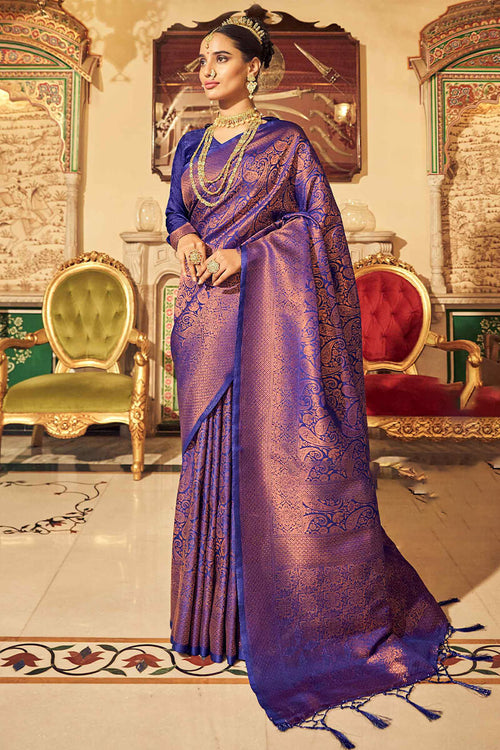 Load image into Gallery viewer, Unequalled Royal Blue Kanjivaram Silk Saree With Incomparable Blouse Piece
