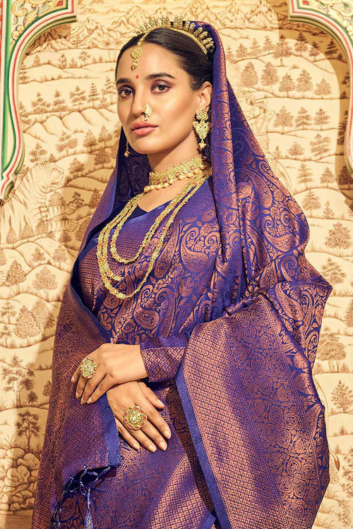 Load image into Gallery viewer, Unequalled Royal Blue Kanjivaram Silk Saree With Incomparable Blouse Piece
